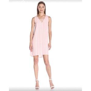 19 Cooper Women's Pink Lace Front Detail Dress with Pin Stripes Large